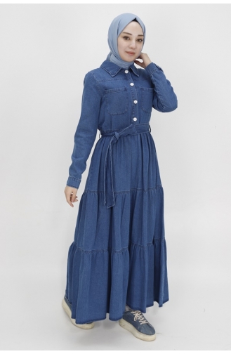 Gömlek Yaka Cepli Kot Elbise 1552-01 Kot Mavi