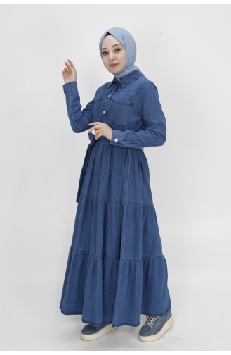 Gömlek Yaka Cepli Kot Elbise 1552-01 Kot Mavi