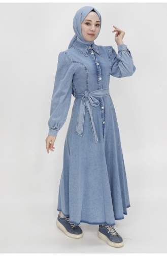 Gömlek Yaka Düğmeli Ve Kemerli Kot Elbise 1547-01 Buz Mavisi