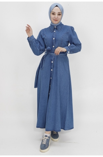 Shirt Collar Buttoned And Belted Denim Dress 1547-02 Denim Blue 1547-02