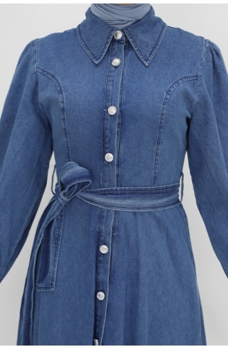 Shirt Collar Buttoned And Belted Denim Dress 1547-02 Denim Blue 1547-02