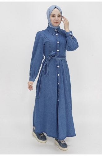 Shirt Collar Buttoned And Belted Denim Dress 1547-02 Denim Blue 1547-02