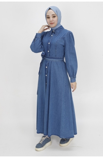 Shirt Collar Buttoned And Belted Denim Dress 1547-02 Denim Blue 1547-02