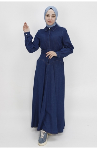 Shirt Collar Belted Long Length Denim Dress 1566-02 Dark Denim Blue 1566-02