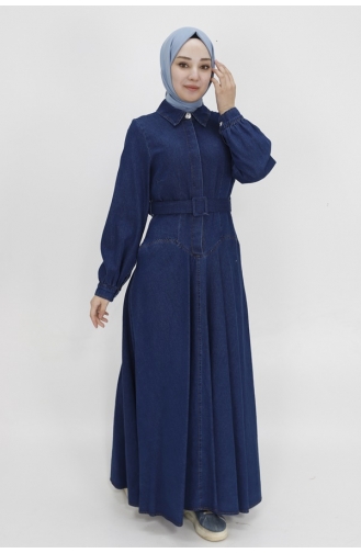 Shirt Collar Belted Long Length Denim Dress 1566-02 Dark Denim Blue 1566-02