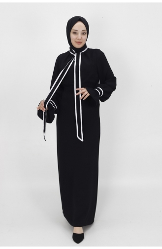 فستان من قماش الكريب وياقة مربوطة 6021-01 لون أسود 6021-01