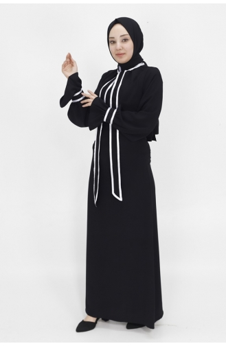فستان من قماش الكريب وياقة مربوطة 6021-01 لون أسود 6021-01