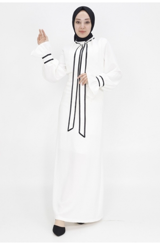 Kravat Yaka Detaylı Krep Kumaş Elbise 6021-02 Ekru
