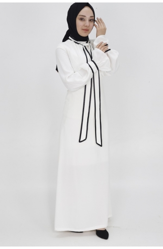 Kravat Yaka Detaylı Krep Kumaş Elbise 6021-02 Ekru