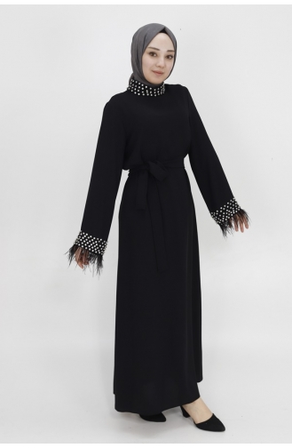 Crepe Fabric Evening Dress With Stone Detail On Collar And Sleeve End 4431-01 Black 4431-01