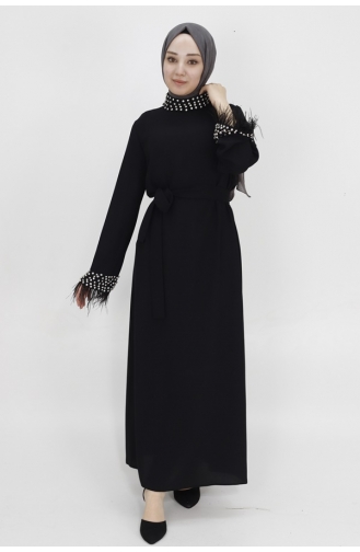 Crepe Fabric Evening Dress With Stone Detail On Collar And Sleeve End 4431-01 Black 4431-01