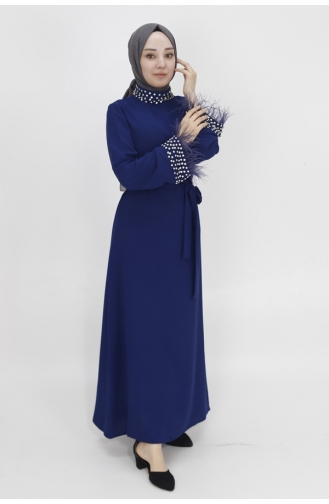 Crepe Fabric Evening Dress With Stone Detail On Collar And Sleeve End 4431-02 Navy Blue 4431-02