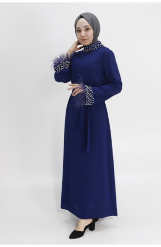Crepe Fabric Evening Dress With Stone Detail On Collar And Sleeve End 4431-02 Navy Blue 4431-02
