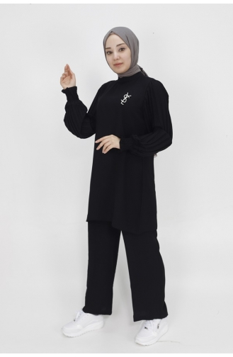 Pleat Sleeve Detailed Crepe Fabric Double Suit 303-01 Black 303-01