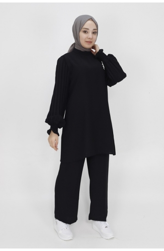 Pleat Sleeve Detailed Crepe Fabric Double Suit 303-01 Black 303-01
