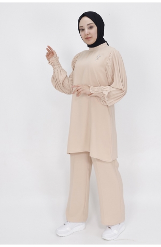 Pleated Sleeve Detailed Crepe Fabric Double Suit 303-02 Stone 303-02