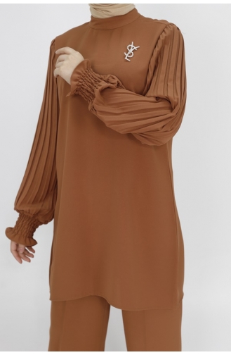 Pleated Sleeve Detailed Crepe Fabric Double Suit 303-03 Brown 303-03