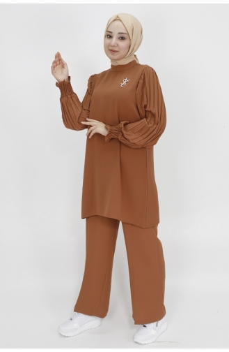Pleated Sleeve Detailed Crepe Fabric Double Suit 303-03 Brown 303-03