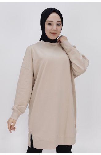 Puane 2 İp Kumaş Basic Tunik Sweatshirt 30644-01 Vizon