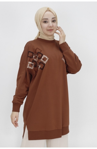 Score 2 Thread Fabric Beaded And Sequin Detailed Sweatshirt 10394-03 Brown 10394-03