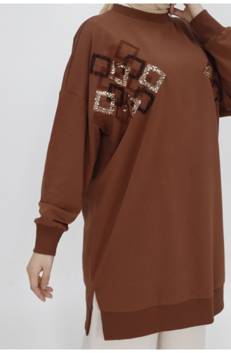 Score 2 Thread Fabric Beaded And Sequin Detailed Sweatshirt 10394-03 Brown 10394-03