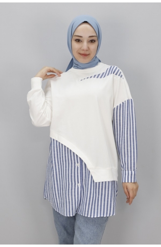 Puane 2 İp Kumaş Çizgili Gömlek Garnili Sweatshirt 10452-01 Ekru