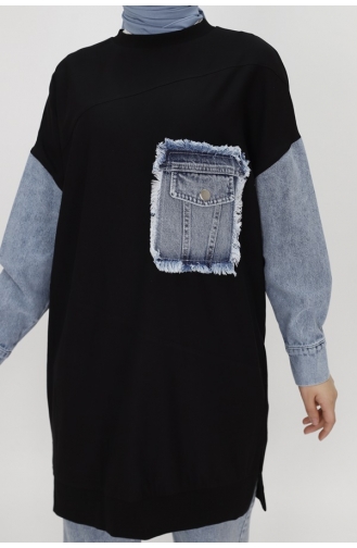 Score 2 Thread Fabric Denim Pocket Detailed Sweatshirt 10411-01 Black 10411-01
