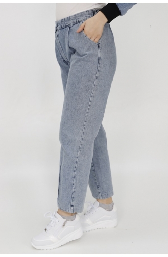 Pointed Waist Elastic Leg Stitching Detailed Mom Jeans Denim Trousers 18157-01 Ice Blue 18157-01