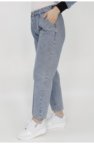 Puane Beli Lastikli Paçasi Dikiş Detayli Mom Jeans Kot Pantolon 18157-01 Buz Mavisi