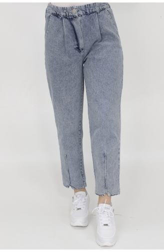 Puane Beli Lastikli Paçasi Dikiş Detayli Mom Jeans Kot Pantolon 18157-01 Buz Mavisi