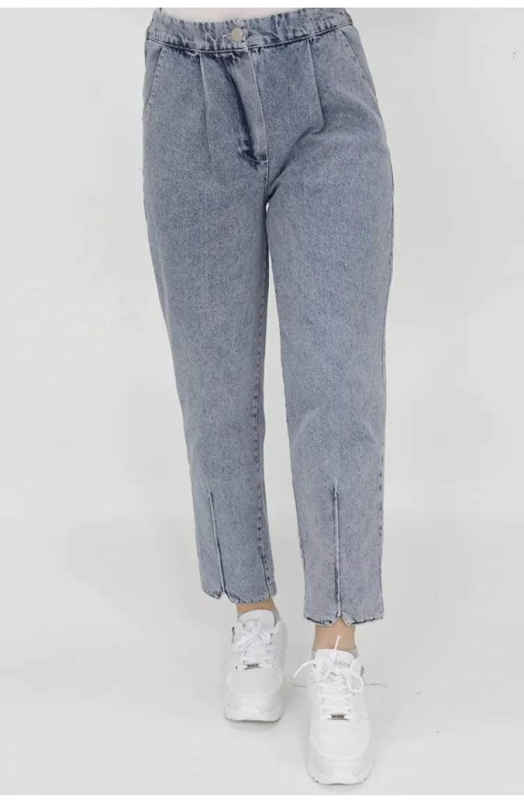 Puane Beli Lastikli Paçasi Dikiş Detayli Mom Jeans Kot Pantolon 18157-01 Buz Mavisi