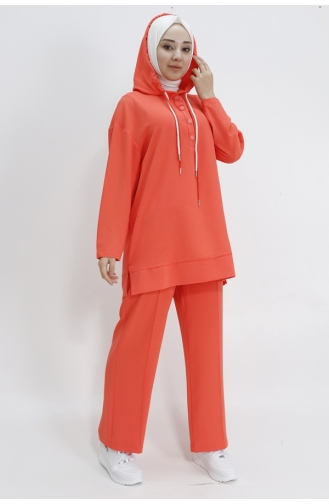 Pointed Button Detailed Hooded Aerobin Fabric 2 Piece Set 14189-02 Orange 14189-02