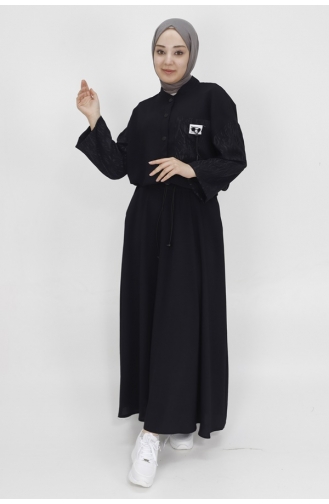 بدلة بتنورة مصنوعة من قماش ايروبين بتصميم محترق وأكمام مدببة وجيب 14196-01 لون أسود 14196-01