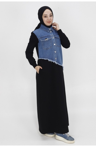 Pointe Denim Garnished 2 Thread Fabric Dress With Pocket Stone Detail 12500-01 Black 12500-01