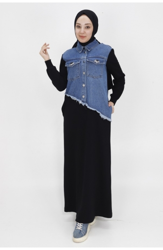 Pointe Denim Garnished 2 Thread Fabric Dress With Pocket Stone Detail 12500-01 Black 12500-01