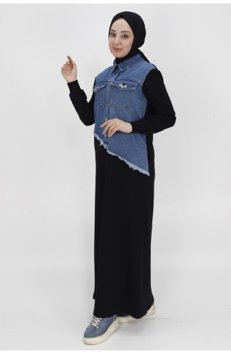Pointe Denim Garnished 2 Thread Fabric Dress With Pocket Stone Detail 12500-01 Black 12500-01