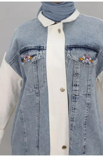 Puane Kot Garnili Cepleri Taşli 2 İp Kumaş Ceket 15155-01 Ekru