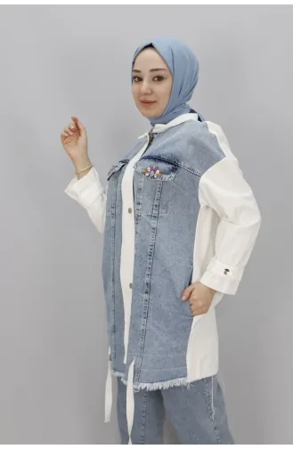 Puane Kot Garnili Cepleri Taşli 2 İp Kumaş Ceket 15155-01 Ekru