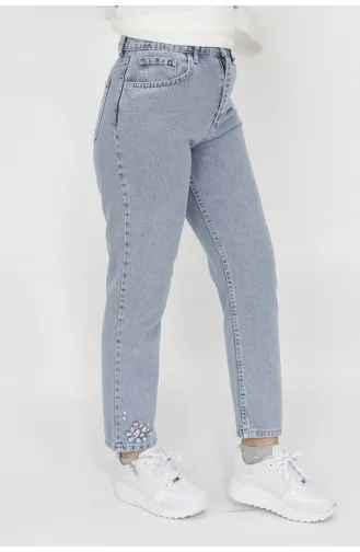 Puane Paçasi Taşli Mom Jeans Kot Pantolon 28117-01 Buz Mavisi