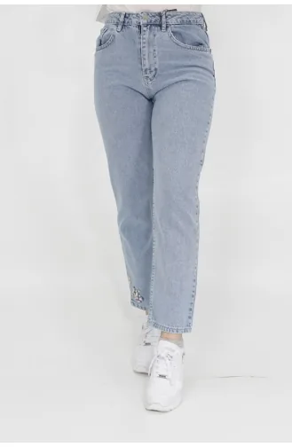 Puane Paçasi Taşli Mom Jeans Kot Pantolon 28117-01 Buz Mavisi