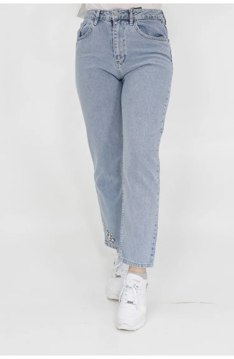 Puane Paçasi Taşli Mom Jeans Kot Pantolon 28117-01 Buz Mavisi