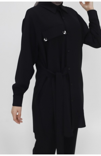 Pointe Fake Pocket Detailed Aerobin Fabric Suit With Tie Waist 14191-01 Black 14191-01