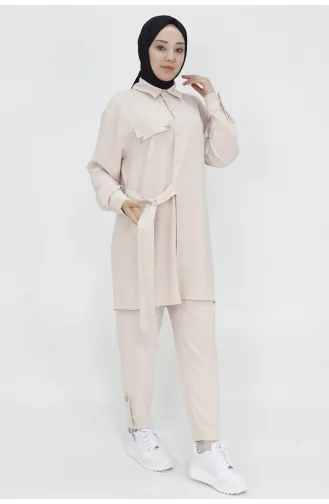 Puane Sahte Cep Detayli Beli Bağlamali Aerobin Kumaş Takim 14191-02 Taş