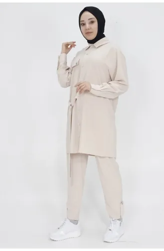 Puane Sahte Cep Detayli Beli Bağlamali Aerobin Kumaş Takim 14191-02 Taş