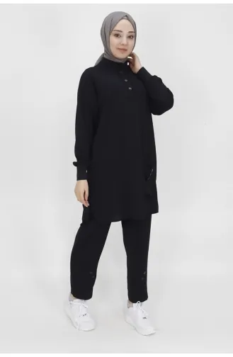 Costume En Tissu Aerobin Avec Col Pointu Et Détail Bouton De Poche 14193-01 Noir 14193-01