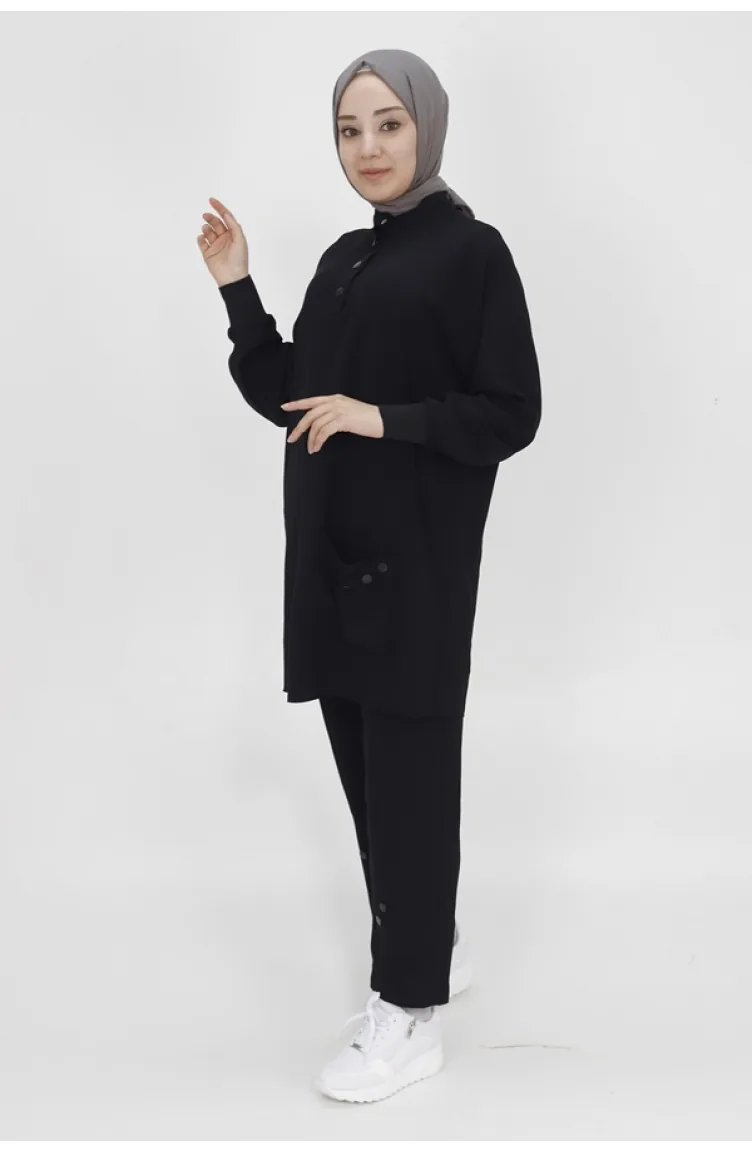Costume En Tissu Aerobin Avec Col Pointu Et Détail Bouton De Poche 14193-01 Noir 14193-01