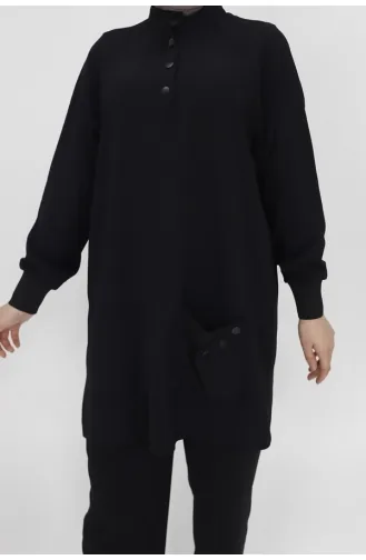 Costume En Tissu Aerobin Avec Col Pointu Et Détail Bouton De Poche 14193-01 Noir 14193-01