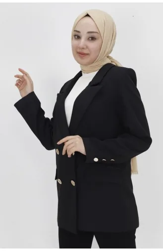 Sahte Cep Detaylı Düğmeli Kısa Boy Blazer Ceket 2403-01 Siyah