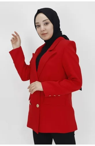 جاكيت بليزر قصير بتفاصيل جيوب وهمية 2403-02 لون أحمر 2403-02