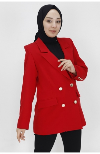 Veste Blazer Courte Boutonnée Détaillée Avec Fausse Poche 2403-02 Rouge 2403-02